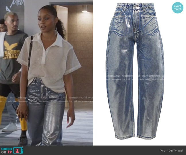 Ganni Stary high-rise metallic tapered jeans worn by Simone Hicks (Geffri Maya) on All American