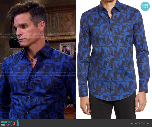Hugo Boss Hank Slim Fit Leaf Print Stretch Dress Shirt worn by Leo Stark (Greg Rikaart) on Days of our Lives