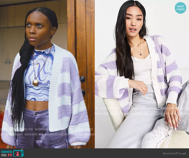 ASOS JDY Cardigan in Lilac Stripe worn by Naomi McDuffie (Kaci Walfall) on Naomi
