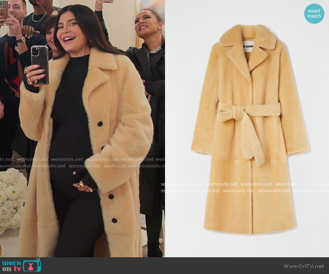 Jil Sander Long belted shearling coat worn by Kylie Jenner (Kylie Jenner) on The Kardashians