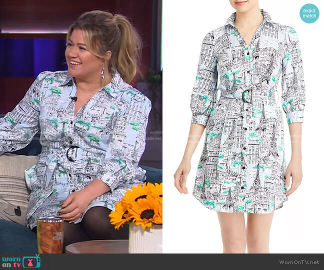 Karl Lagerfeld Parisian Print Shirt Dress worn by Kelly Clarkson on The Kelly Clarkson Show