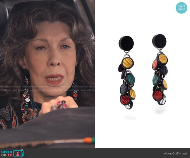 Kathleen Nowak Tucci Recycled Nespresso Coffee Capsules Earrings worn by Frankie (Lily Tomlin) on Grace and Frankie