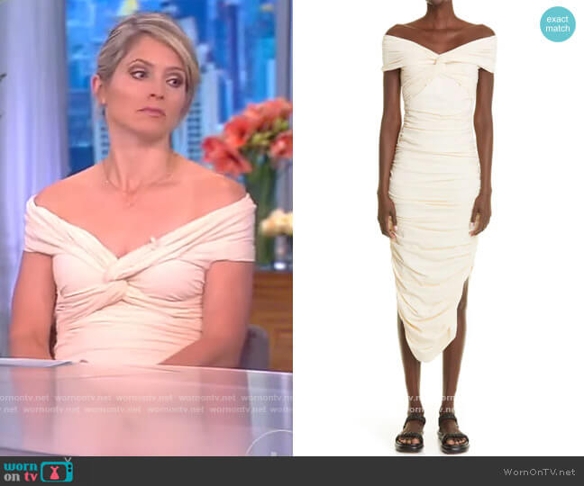 Khaite Spence off-shoulder cotton midi dress worn by Sara Haines on The View