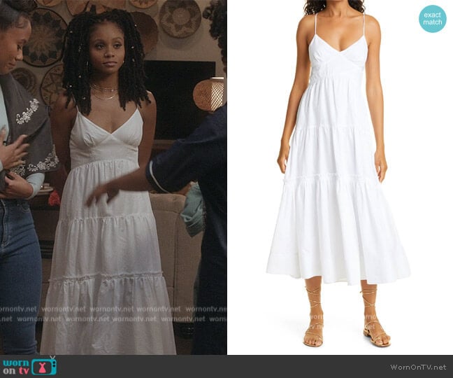 La Ligne Sleeveless Cotton Linen Tiered Maxi Dress worn by Simone (Geffri Hightower) on All American Homecoming