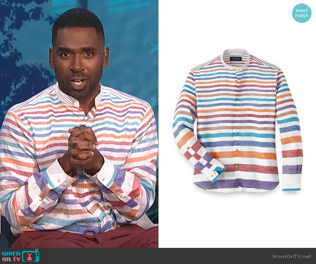 Paul Fredrick Linen Horizontal Stripe Casual Shirt worn by Justin Sylvester on E! News