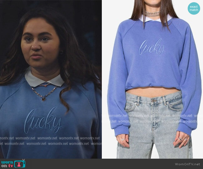 Local Heroes Lucky Embroidered Sweatshirt with Collar worn by Annabelle (Mary-Charles Jones) on Naomi