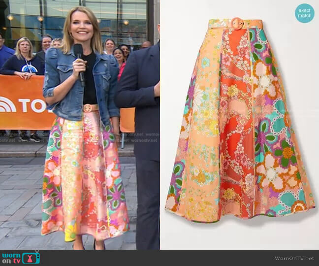 Zimmermann Lola Belted Paneled Floral-Print Linen Midi Skirt worn by Savannah Guthrie on Today