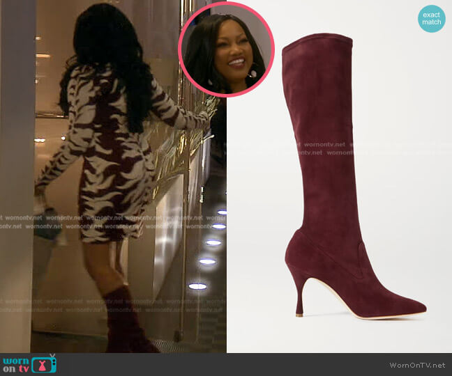 Manolo Blahnik Pamfilo 90 Stretch-Suede Knee Boots worn by Garcelle Beauvais on The Real Housewives of Beverly Hills