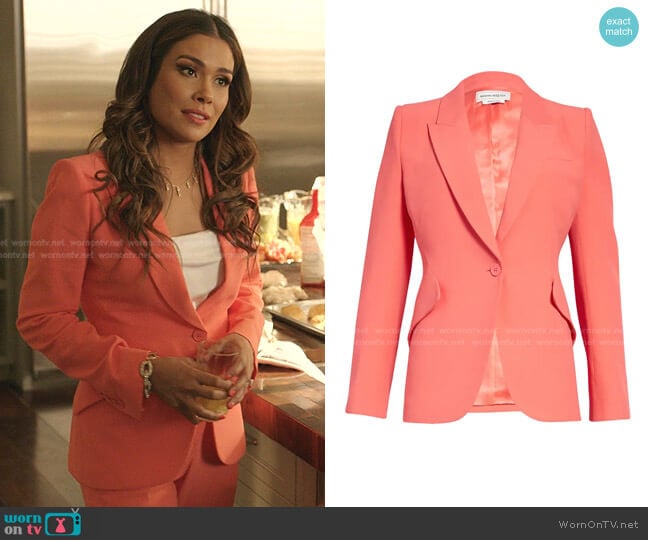 Alexander McQueen Leaf Crepe Jacket in Coral worn by Cristal Jennings (Daniella Alonso) on Dynasty