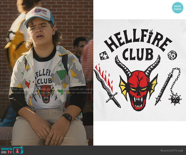 WornOnTV: Dustin's Hellfire Club tee and geometric print shirt on