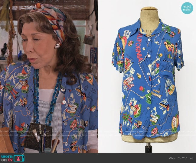 Loco Lindo Pacific Blue California Map Shirt worn by Frankie (Lily Tomlin) on Grace and Frankie