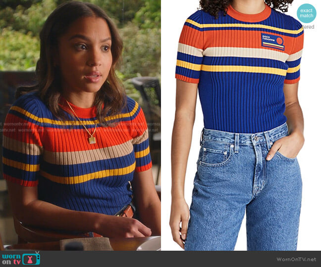 Paco Rabanne Tennis Stripes 70'S Ribbed Knit Top worn by May Grant (Corinne Massiah) on 9-1-1