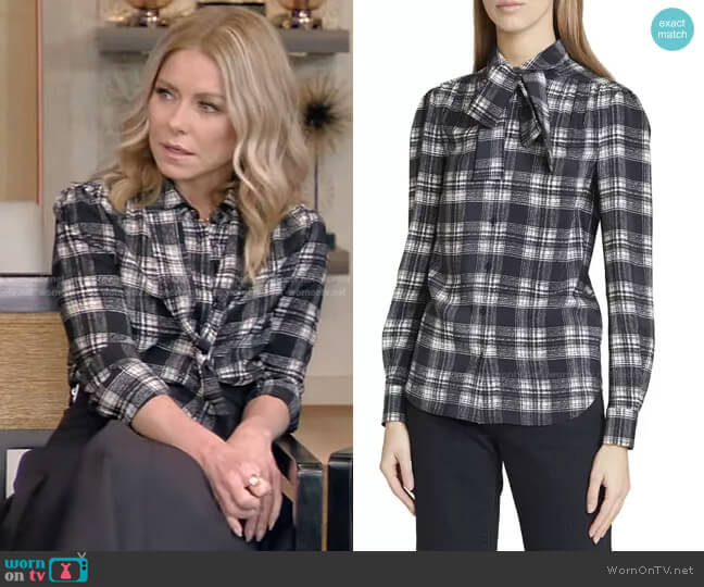 Saint Laurent Plaid Neck-Tie Silk Blouse worn by Kelly Ripa on Live with Kelly and Mark