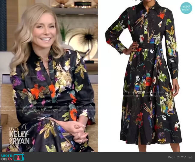 Jason Wu Pleated Long Sleeve Floral Midi Shirt Dress worn by Kelly Ripa on Live with Kelly and Mark