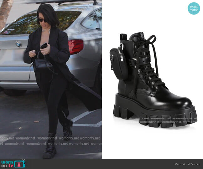 Prada Monolith Leather & Nylon Lug-Sole Combat Boots worn by Kourtney Kardashian (Kourtney Kardashian) on The Kardashians