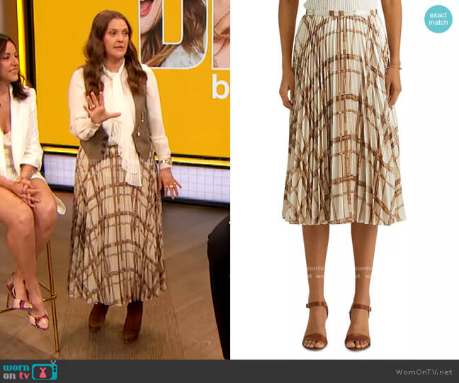 Ralph Lauren Belting-Print Pleated Metallic Skirt worn by Drew Barrymore on The Drew Barrymore Show