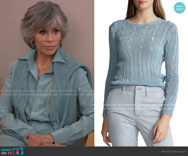 Ralph Lauren Julianna Cable Knit Sweater worn by Grace (Jane Fonda) on Grace and Frankie