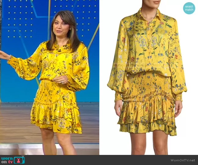 Alexis Rianna Long-Sleeve Floral-Print Satin Dress worn by Ginger Zee on Good Morning America