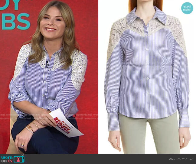 Veronica Beard Sachse Stripe Crochet Accent Cotton Blouse worn by Jenna Bush Hager on Today