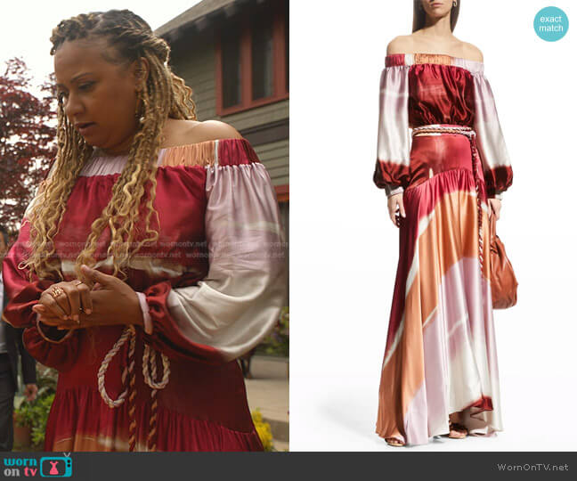 Silvia Tcherassi Chatillon Off-The-Shoulder Dip Dye Silk Dress worn by Karen Wilson (Tracie Thoms) on 9-1-1