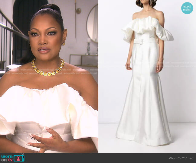 Solace London Pyper Ruffle Gown worn by Garcelle Beauvais on The Real Housewives of Beverly Hills