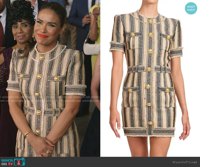 Balmain Striped Button-Embellished Mini-Dress worn by Cristal Jennings (Daniella Alonso) on Dynasty