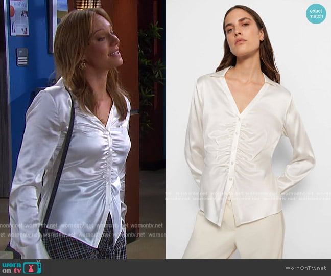 Theory Ruched Button Up Shirt in Stretch Silk worn by Abigail Deveraux (Marci Miller) on Days of our Lives
