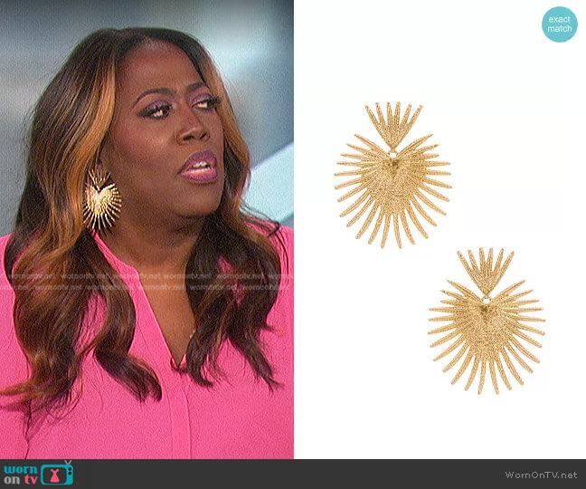 Kenneth Jay Lane Gold Fan Drop Post Earrings worn by Sheryl Underwood on The Talk