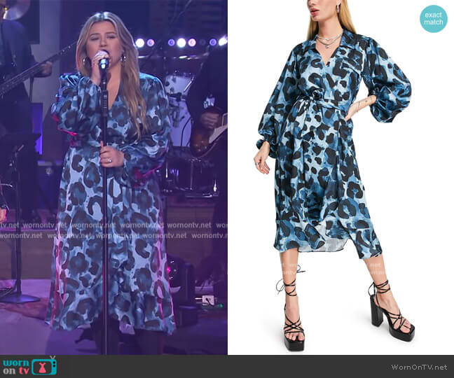 Topshop Animal Print Satin Wrap Dress worn by Kelly Clarkson on The Kelly Clarkson Show