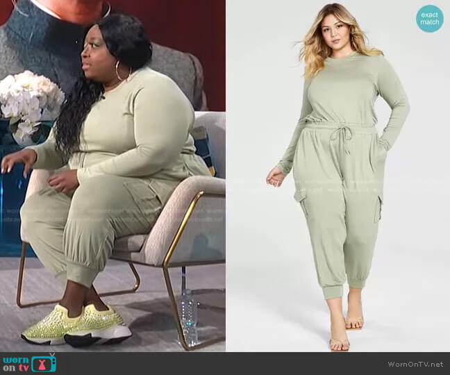 Nina Parker Trendy Plus Size French Terry Jumpsuit worn by Loni Love on E! News