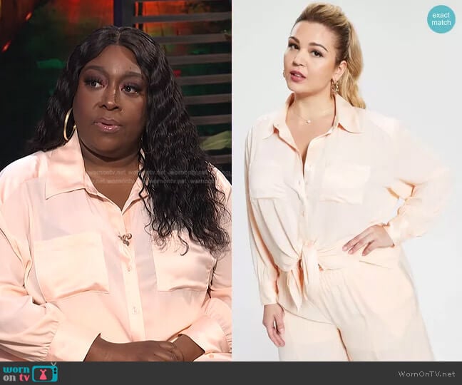Nina Parker Trendy Plus Size Satin-Trim Blouse worn by Loni Love on E! News