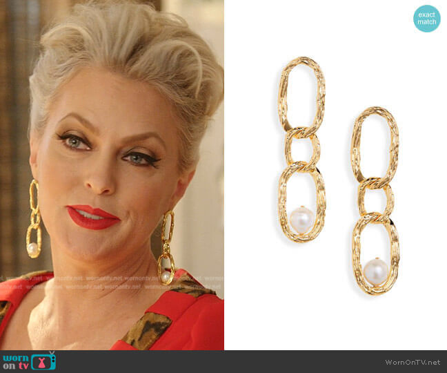 Lizzie Fortunato Vine Cultured Pearl Drop Earrings worn by Alexis Carrington (Elaine Hendrix) on Dynasty
