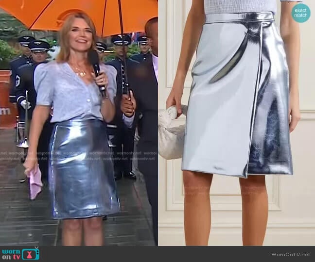 Victoria Beckham Wrap-Effect Metallic Scuba Skirt worn by Savannah Guthrie on Today