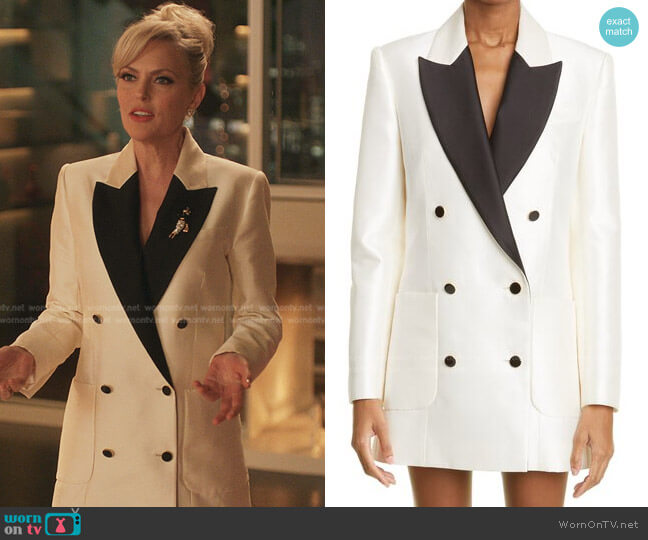 Zimmermann Dancer Long Sleeve Wool & Silk Tuxedo Minidress worn by Alexis Carrington (Elaine Hendrix) on Dynasty