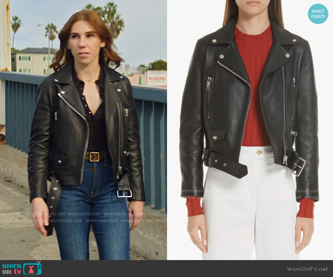 Acne Studios Mock Core Leather Moto Jacketv worn by Annie (Zosia Mamet) on The Flight Attendant
