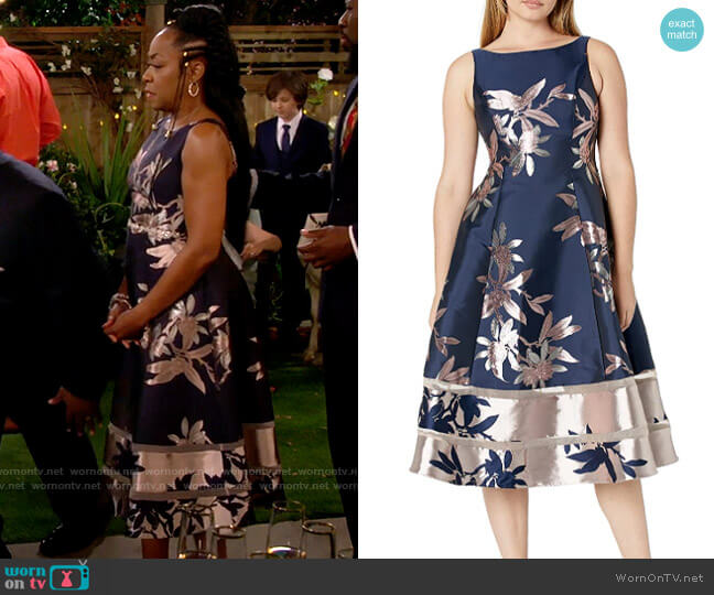 Adrianna Papell Floral Jacquard Dress worn by Tina Butler (Tichina Arnold) on The Neighborhood