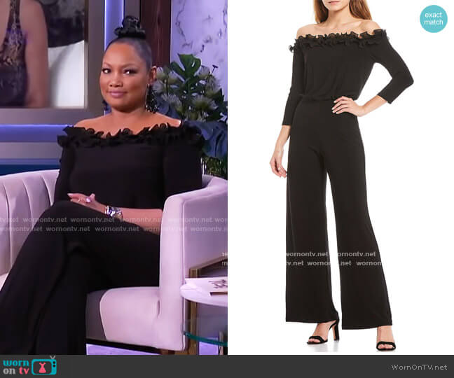 Adrianna Papell Ruffle Off-The-Shoulder 3/4 Sleeve Jersey Jumpsuit worn by Garcelle Beauvais on The Real