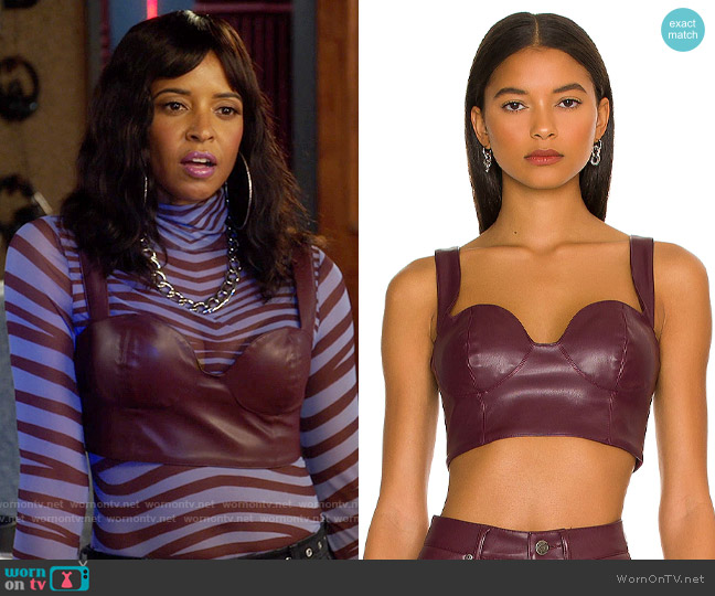 AFRM Koa Vegan Leather Top in Port Royale worn by Wickie Roy (Renée Elise Goldsberry) on Girls5eva