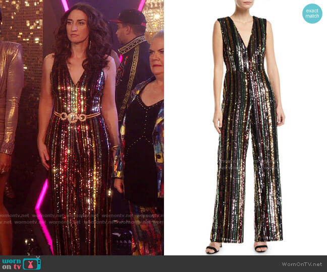 Aidan by Aidan Mattox Sequin Multi-Stripe Sleeveless Straight-Leg Jumpsuit worn by Dawn Solano (Sara Bareilles) on Girls5eva