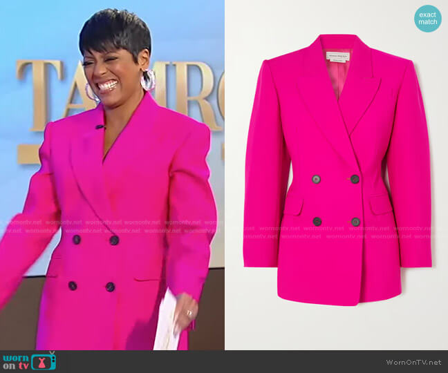 Alexander McQueen Double-Breasted Wool Blazer in Bright Pink worn by Tamron Hall on Tamron Hall Show