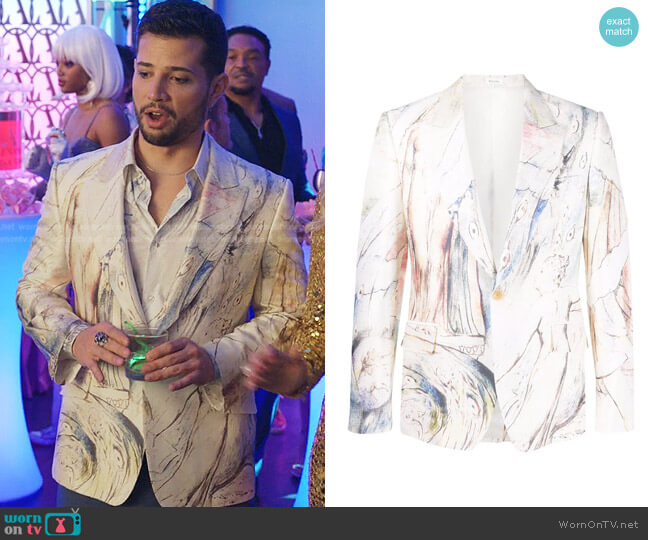 Alexander McQueen Graphic-Print Cotton Blazer worn by Sam Flores (Rafael de la Fuente) on Dynasty