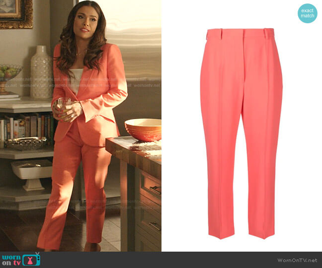 Alexander McQueen High-Waisted Tailored Trousers in Coral worn by Cristal Jennings (Daniella Alonso) on Dynasty