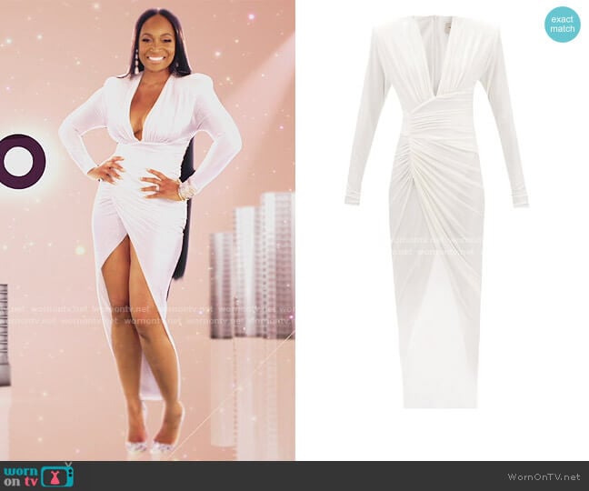 Alexandre Vauthier Plunge-neck asymmetric jersey dress worn by Marlo Hampton on The Real Housewives of Atlanta