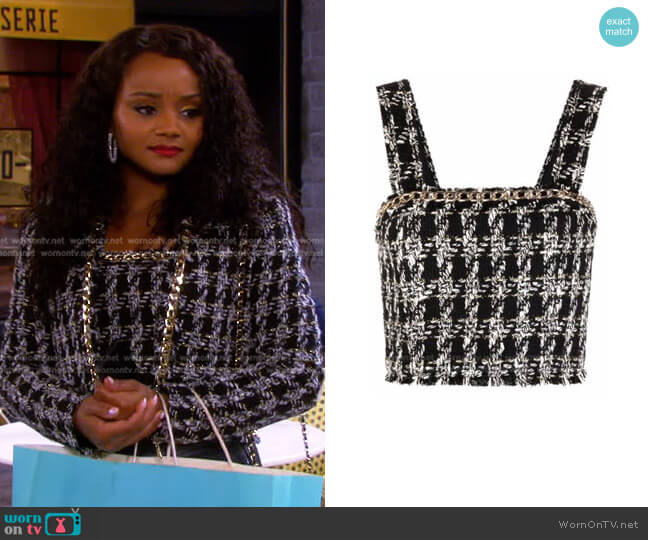 Alice + Olivia Coralie Frayed Crop Top worn by Chanel Dupree (Raven Bowens) on Days of our Lives