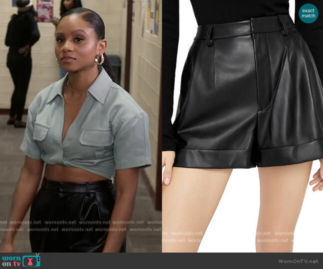 Alice and Olivia Conry Cuffed Leather Shorts worn by Simone (Geffri Hightower) on All American Homecoming