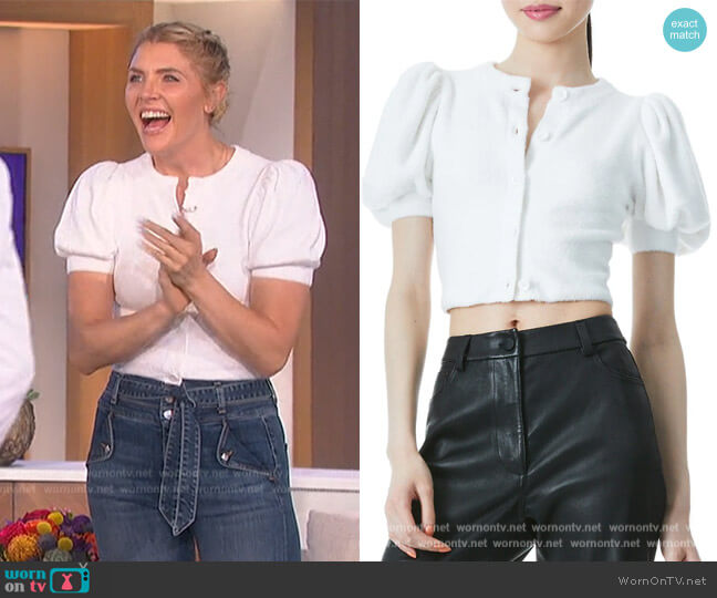 Alice and Olivia Sabine Fuzzy Puff Sleeve Sweater worn by Amanda Kloots on The Talk