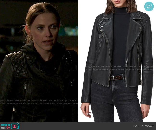 All Saints Cargo Leather Biker Jacket worn by Milena Jovanovic (Riley Voelkel) on Chicago Med