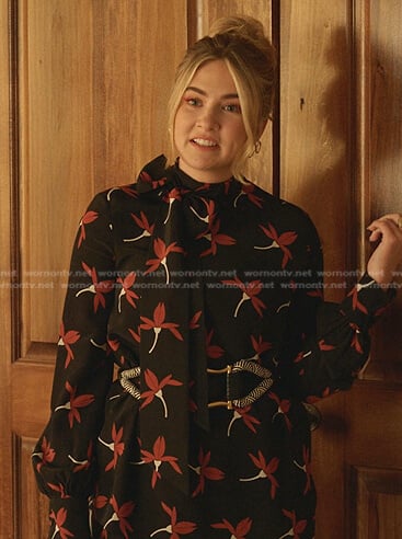 Amanda’s black floral tie neck blouse and pants on Dynasty
