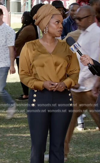 Amara’s button embellished pants on All American Homecoming