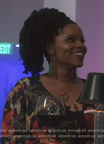 Amara’s black floral print wrap dress on All American Homecoming